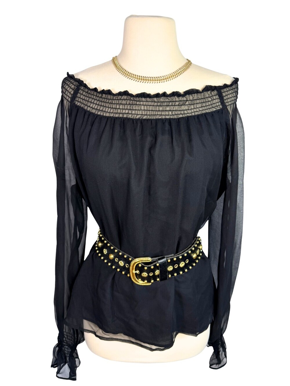 Worthington Black Off Shoulder Sheer Chiffon Smocked Peasant Blouse Size 8